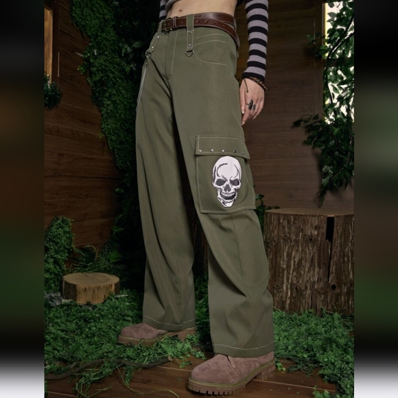 ROMWE Pants - Romwe Fairycore Skull Print Green Wide Leg Cargo Pants
